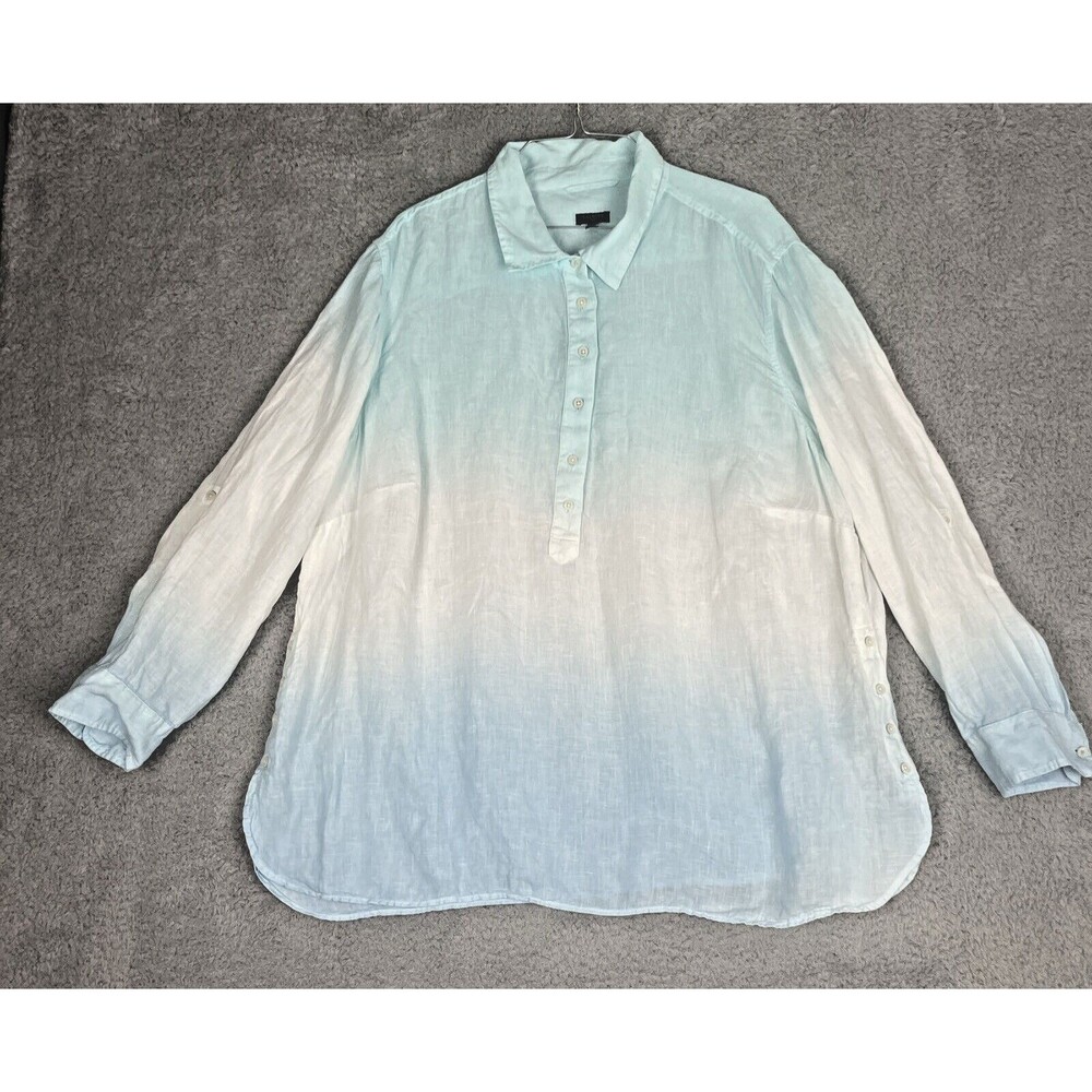 Talbots 3X Linen Blouse Green White Blue Tie Dye Top Collar Rolled Tab Lagenlook